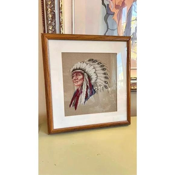 Vintage 1989 Indian Chief Cross Stitch Needlework Leisure Arts 834 13"x16" - Picture 2 of 11